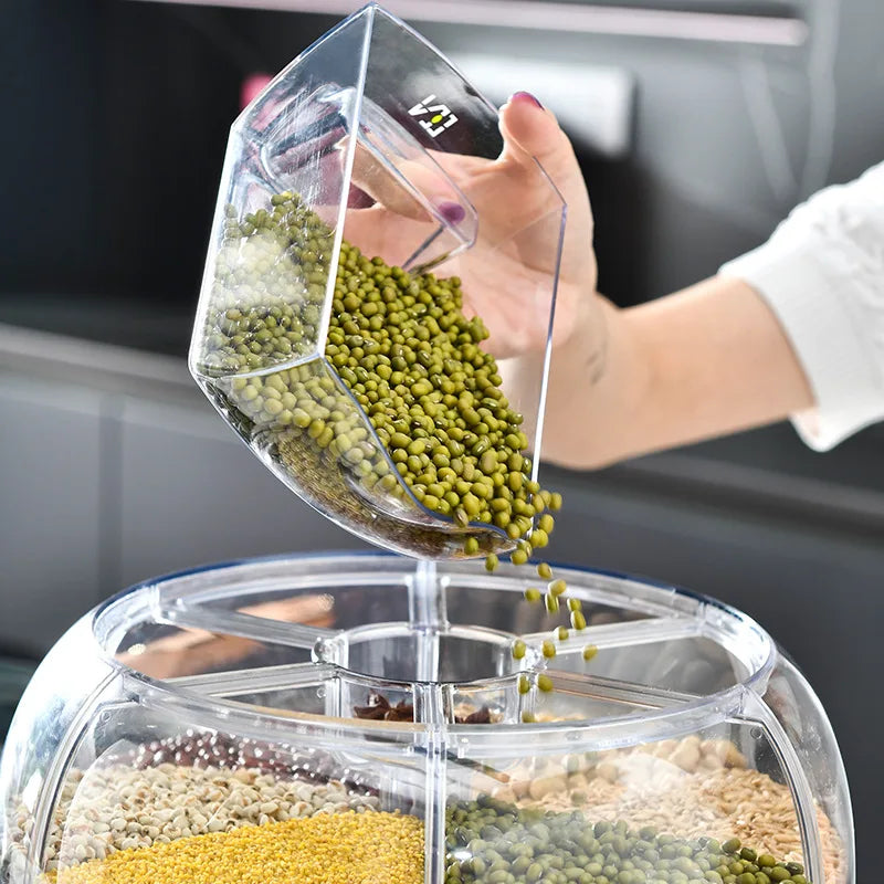 Recipiente de armazenamento de arroz e grãos Dispensador rotativo de alimentos 360 ° Cilindro de medição com tampa Resistente à umidade
