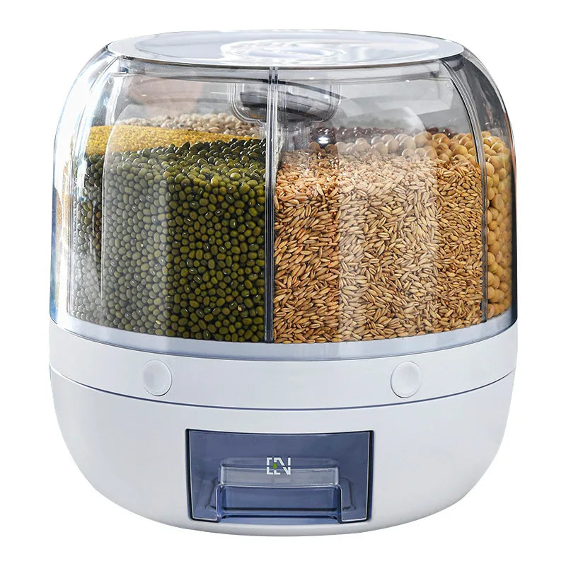 Recipiente de armazenamento de arroz e grãos Dispensador rotativo de alimentos 360 ° Cilindro de medição com tampa Resistente à umidade